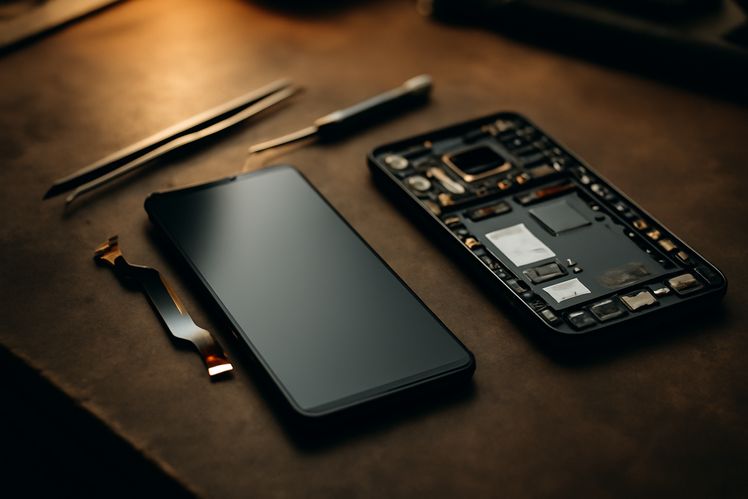 Дисплейный модуль и разобранный смартфон Xiaomi на столе мастерской