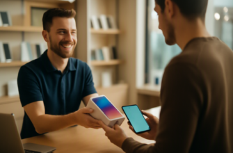 Продавец магазина техники передаёт покупателю коробку со смартфоном