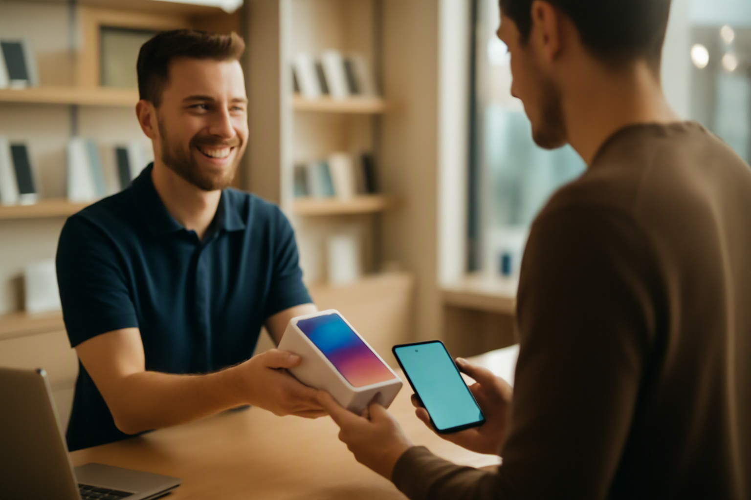Продавец магазина техники передаёт покупателю коробку со смартфоном