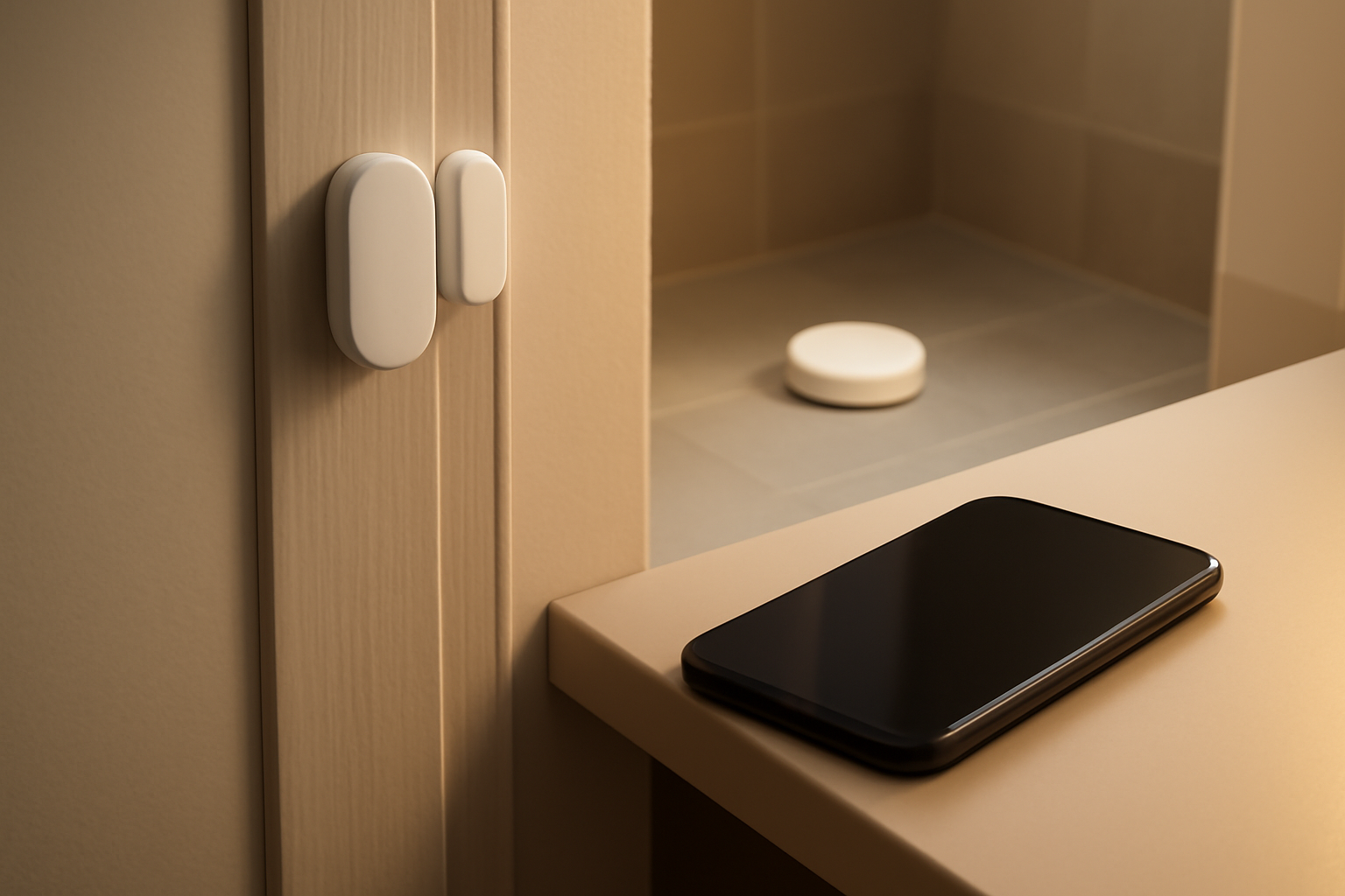 Датчик открытия двери и датчик протечки Xiaomi в квартире, рядом смартфон